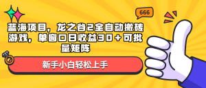 蓝海项目，龙之谷2全自动搬砖游戏，单窗口日收益30＋可批量矩阵-男爵娱创[知识付费]