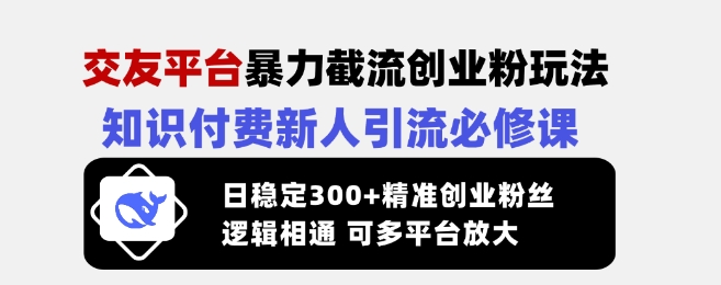 交友平台暴力截流创业粉玩法，知识付费新人引流必修课，日稳定300+精准创业粉丝，逻辑相通可多平台放大-男爵娱创[知识付费]