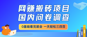 网赚搬砖项目，国内问卷调查，0基础看完就会 一天轻松三四百，靠谱副业...-男爵娱创[知识付费]