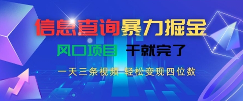 信息查询暴力掘金，一天三条视频，轻松变现四位数，风口项目干就完了【揭秘】-男爵娱创[知识付费]