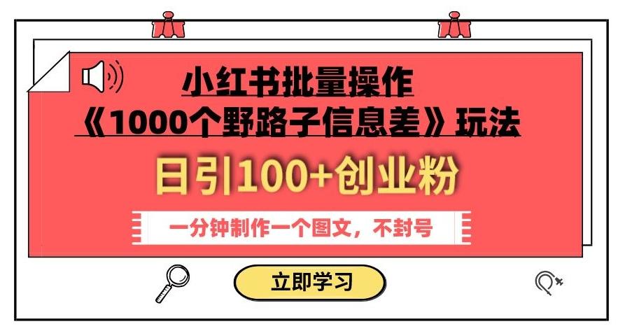 小红书批量操作《1000个野路子信息差》玩法，一分钟制作一个图文，不封号，日引100+创业粉-男爵娱创[知识付费]