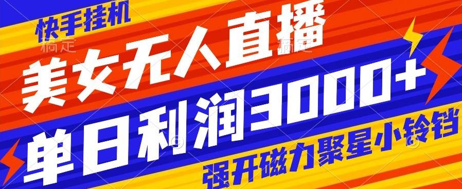 快手挂机，美女无人直播，强开磁力聚星小铃铛，日入3000+-男爵娱创[知识付费]