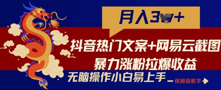 抖音热门文案+网易云截图暴力涨粉拉爆收益玩法，小白无脑操作，简单易上手【揭秘】-男爵娱创[知识付费]